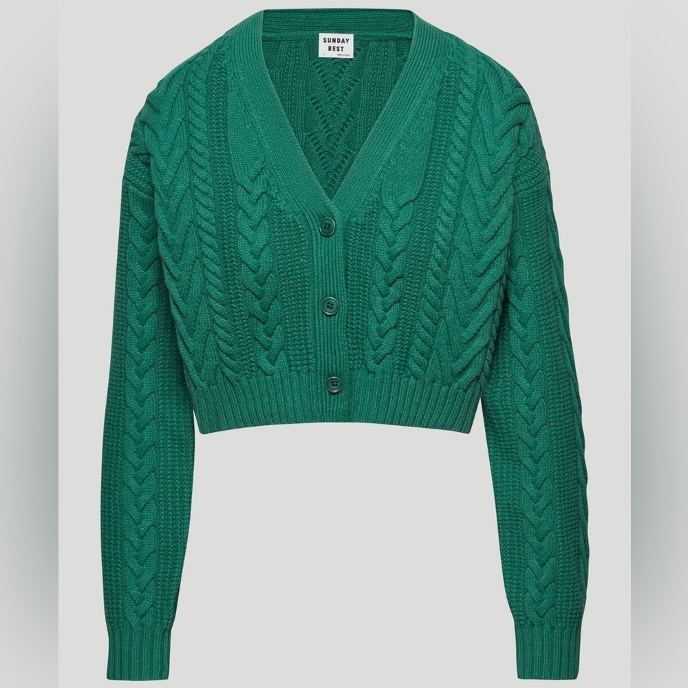 Aritzia Sunday Best Cooper Cardigan Size XS Cable Knit Green Oversized Crop Wool